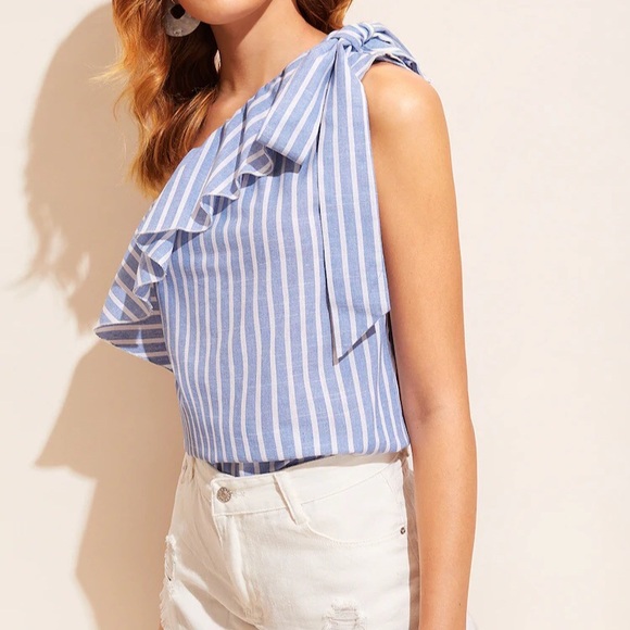 Striped One Shoulder Ruffle Blouse with Bow - Picture 3 of 8